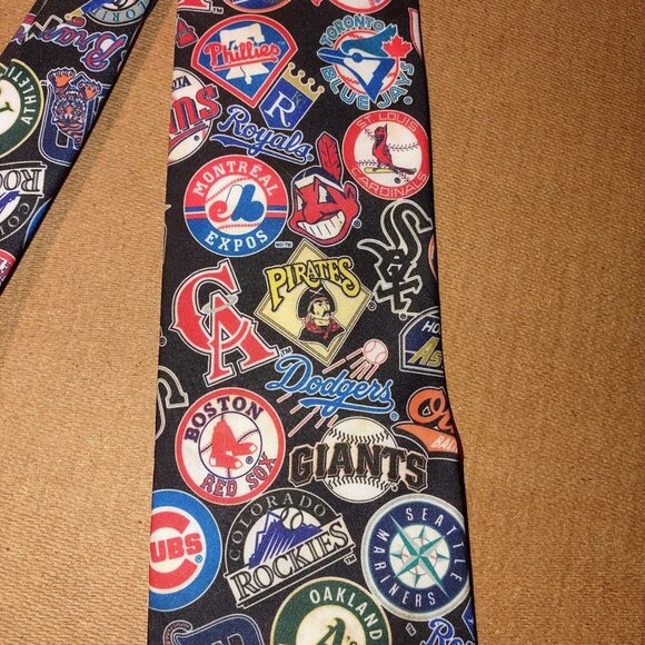 Mens WallyWear MLB Baseball Teams Logo Tie Polyester Black Multicolor - Picture 2 of 3
